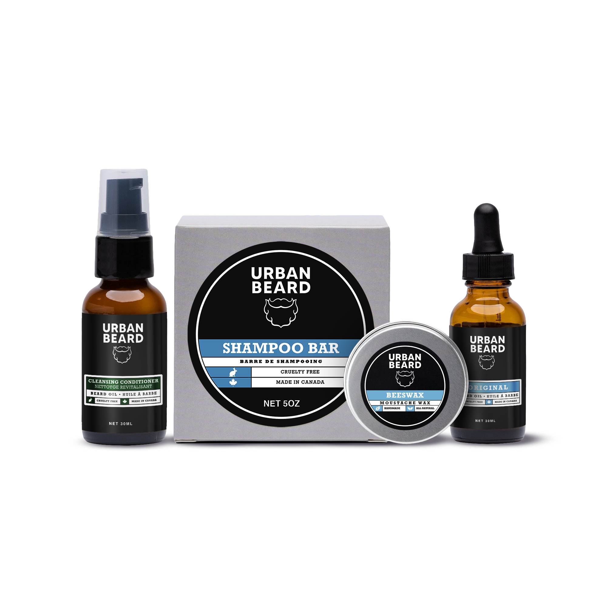 Beard Product Bundle which includes beard oil, cleansing conditoner, moustache wax & shampoo bar. Natural & organic ingredients used to enhance your beard and give you healthy skin. Urban Beard is a vegan friendly company.